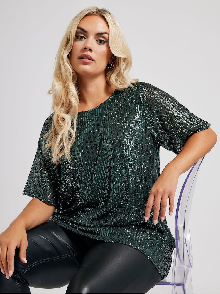 Yours Curve Green London Sequin Swing Top - Image 1 of 6 Yours Curve Green London Sequin Swing Top - Image 1 of 6