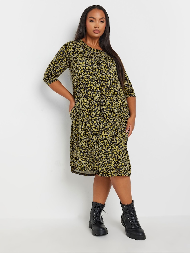 Yours Curve Black Floral Pocket Dress - Image 1 of 5
