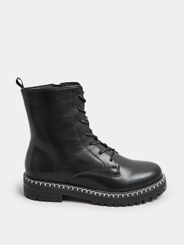 Yours Curve Black Wide Fit Whip Stitch Rand Lace Boots - Image 1 of 5