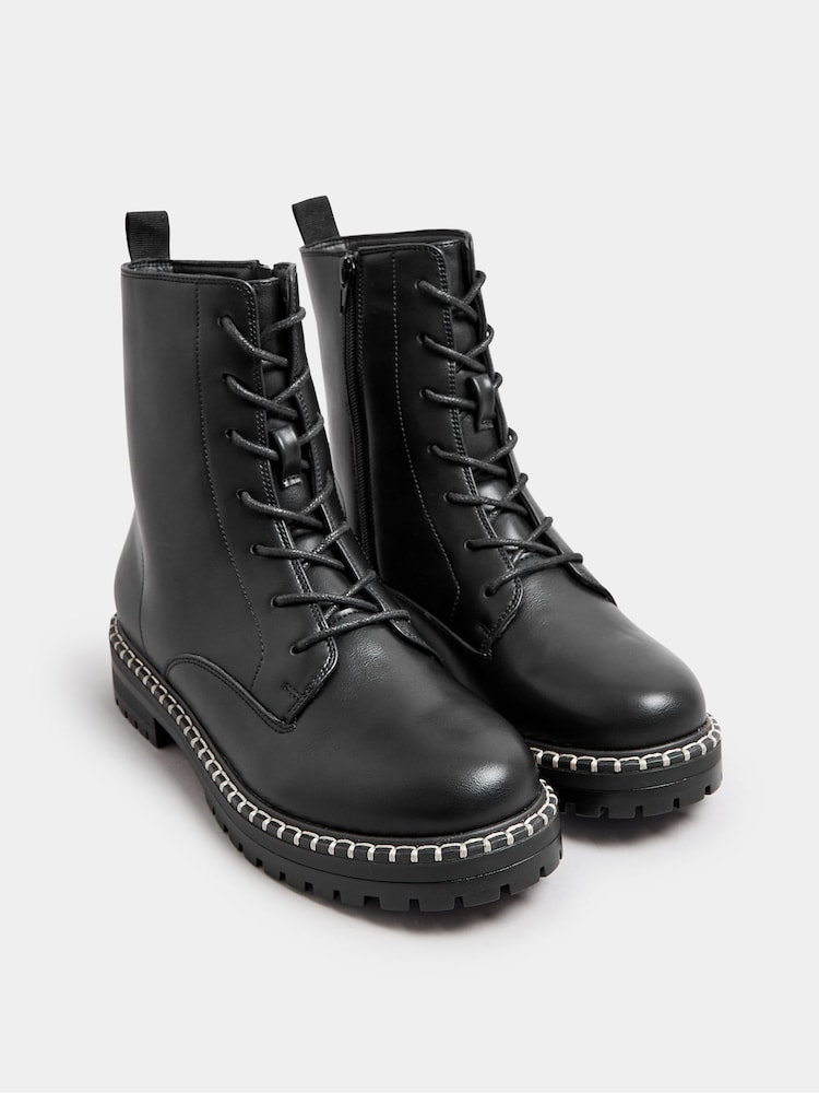 Yours Curve Black Wide Fit Whip Stitch Rand Lace Boots - Image 2 of 5