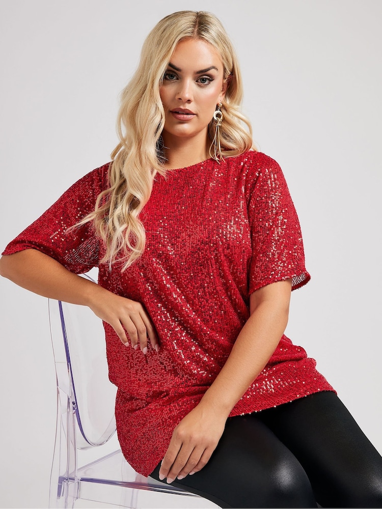 Yours Curve Red London Sequin Swing Top - Image 1 of 5