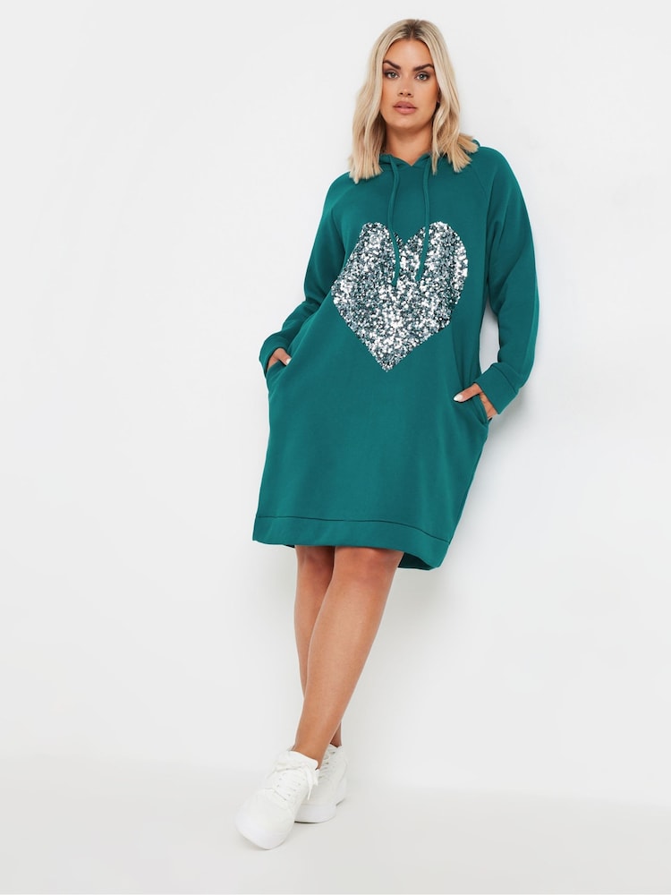 Yours Curve Blue Heart Embellished Hoodie Dress - Image 1 of 5