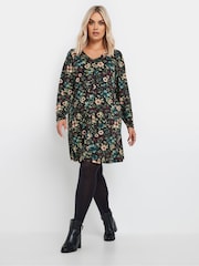 Yours Curve Black Shirred Panel Tea Dress - Image 1 of 5