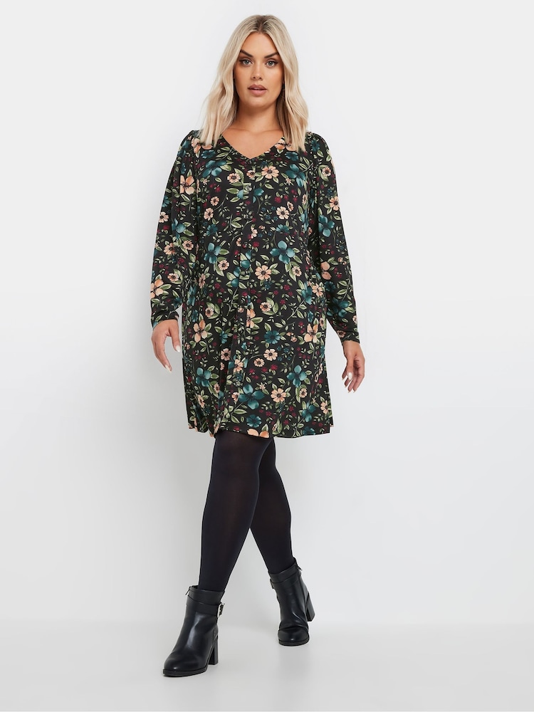 Yours Curve Black Shirred Panel Tea Dress - Image 1 of 5