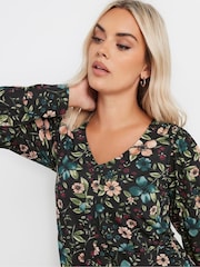 Yours Curve Black Shirred Panel Tea Dress - Image 2 of 5