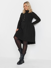 Yours Curve Black Button Placket Texture Ribbed Pinafore Dress - Image 2 of 5