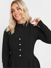 Yours Curve Black Button Placket Texture Ribbed Pinafore Dress - Image 4 of 5