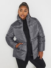 Yours Curve Grey Padded Drawstring Coat - Image 1 of 6