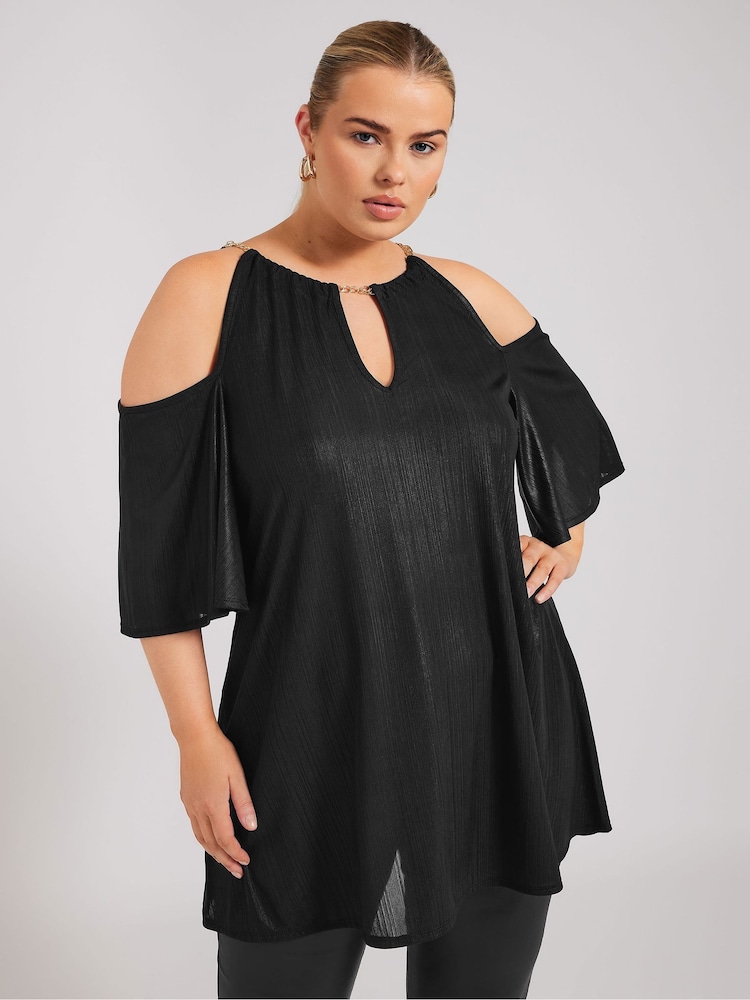 Yours Curve Black London Foil Chain Detail Top - Image 1 of 5