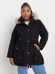 Yours Curve Black Petite Faux Fur Trim Parka - Image 1 of 5