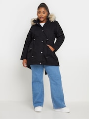 Yours Curve Black Petite Faux Fur Trim Parka - Image 2 of 5