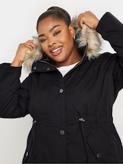 Yours Curve Black Petite Faux Fur Trim Parka - Image 4 of 5