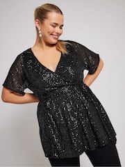 Yours Curve Black London Sequin Wrap Top - Image 1 of 5