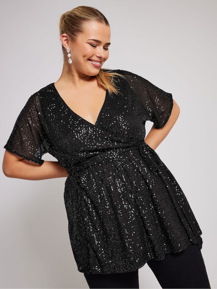 Yours Curve Black London Sequin Wrap Top - Image 1 of 5
