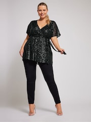 Yours Curve Black London Sequin Wrap Top - Image 2 of 5