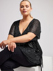 Yours Curve Black London Sequin Wrap Top - Image 4 of 5