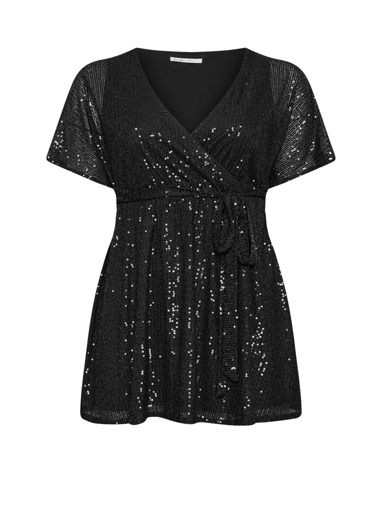 Yours Curve Black London Sequin Wrap Top - Image 5 of 5