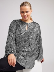 Yours Curve Silver London Sequin Keyhole Bellow Sleeve Top - Image 1 of 5