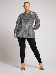 Yours Curve Silver London Sequin Keyhole Bellow Sleeve Top - Image 2 of 5