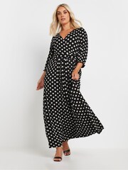 Yours Curve Black Dot Print Maxi Wrap Dress - Image 1 of 5