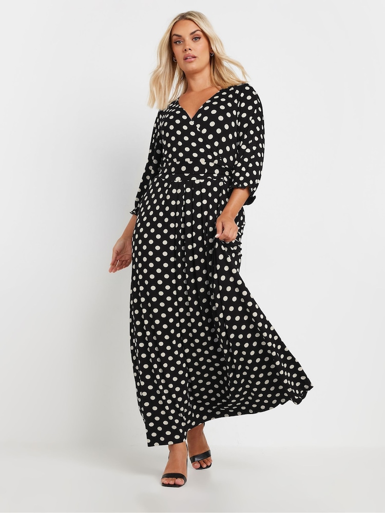 Yours Curve Black Dot Print Maxi Wrap Dress - Image 1 of 5