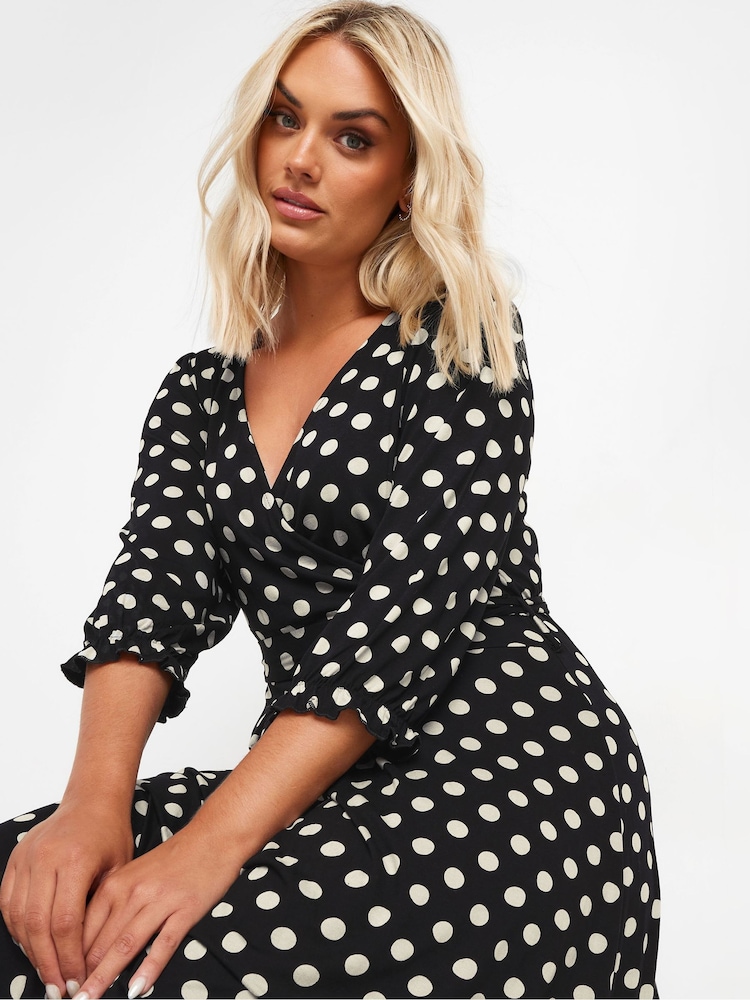 Yours Curve Black Dot Print Maxi Wrap Dress - Image 2 of 5