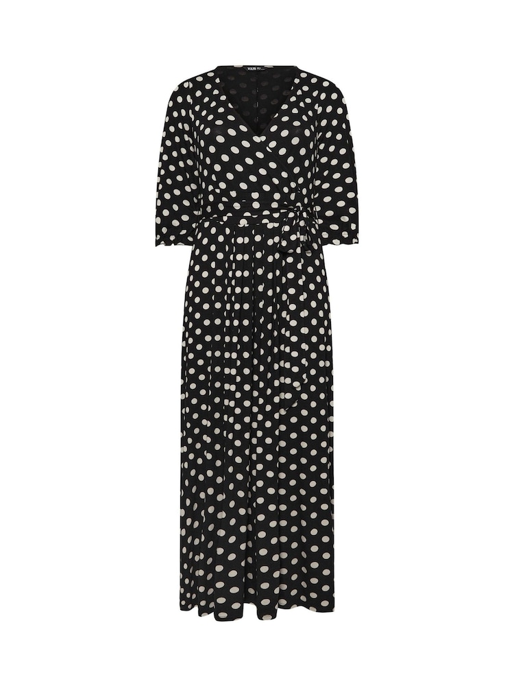 Yours Curve Black Dot Print Maxi Wrap Dress - Image 5 of 5