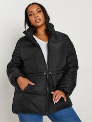 Yours Curve Black Padded Drawstring Coat - Image 1 of 5