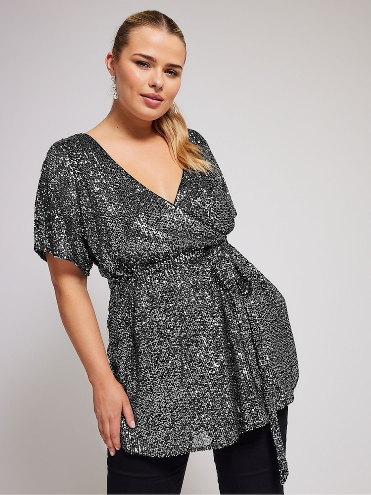 Yours Curve London Wickeltop mit Paillettenbesatz - Bild 1 von 5
