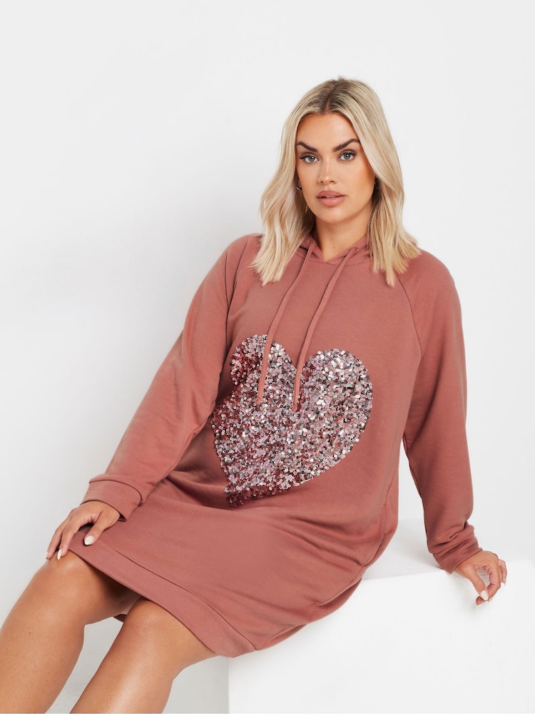 Yours Curve Pink Heart Embellished Hoodie Dress - Image 1 of 5