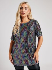 Yours Curve Black London Sequin Swing Top - Image 2 of 6