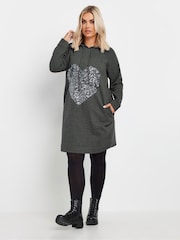 Yours Curve Grey Heart Embellished Hoodie Dress - Image 1 of 5
