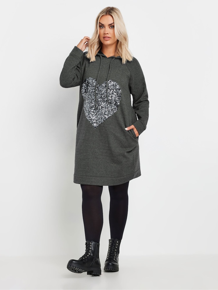 Yours Curve Grey Heart Embellished Hoodie Dress - Image 1 of 5
