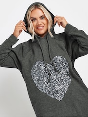 Yours Curve Grey Heart Embellished Hoodie Dress - Image 4 of 5