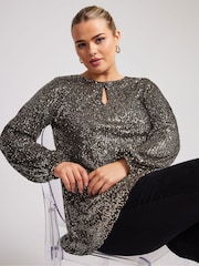 Yours Curve Gold London Sequin Keyhole Bellow Sleeve Top - Image 1 of 5