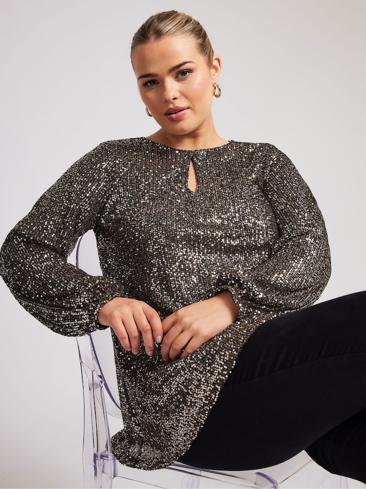 Yours Curve Gold London Sequin Keyhole Bellow Sleeve Top - Image 1 of 5