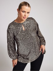 Yours Curve Gold London Sequin Keyhole Bellow Sleeve Top - Image 2 of 5