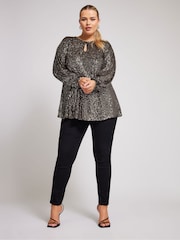 Yours Curve Gold London Sequin Keyhole Bellow Sleeve Top - Image 3 of 5
