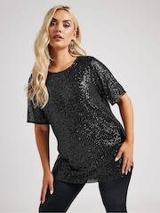Yours Curve Black London Sequin Swing Top - Image 1 of 5