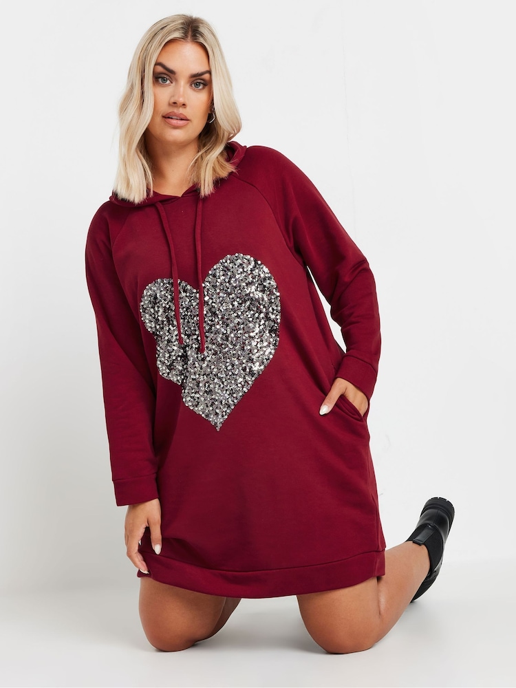 Yours Curve Red Heart Embellished Hoodie Dress - Image 1 of 5