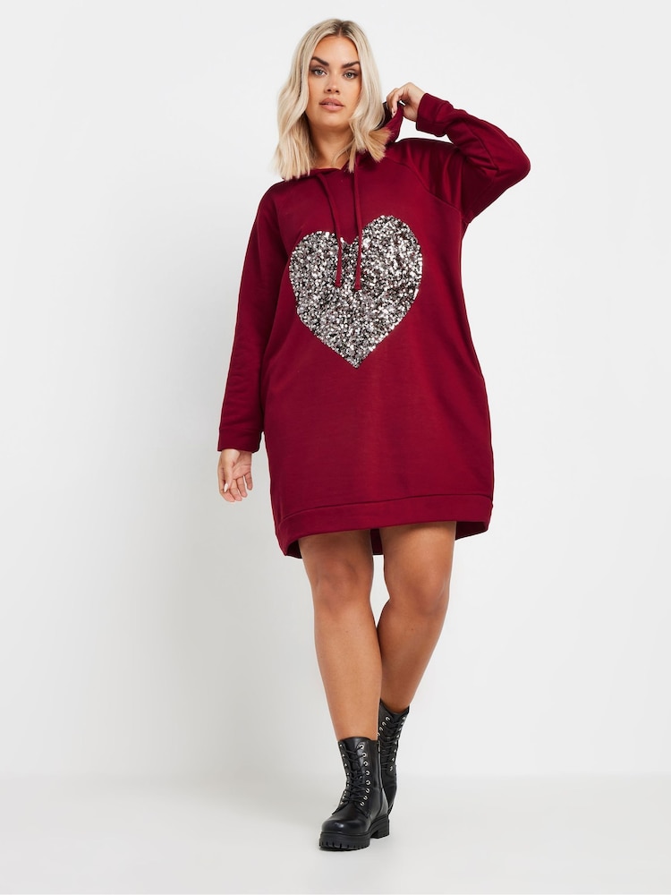 Yours Curve Red Heart Embellished Hoodie Dress - Image 2 of 5