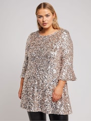 Yours Curve Gold London Sequin Flute Sleeve Top - Image 1 of 5