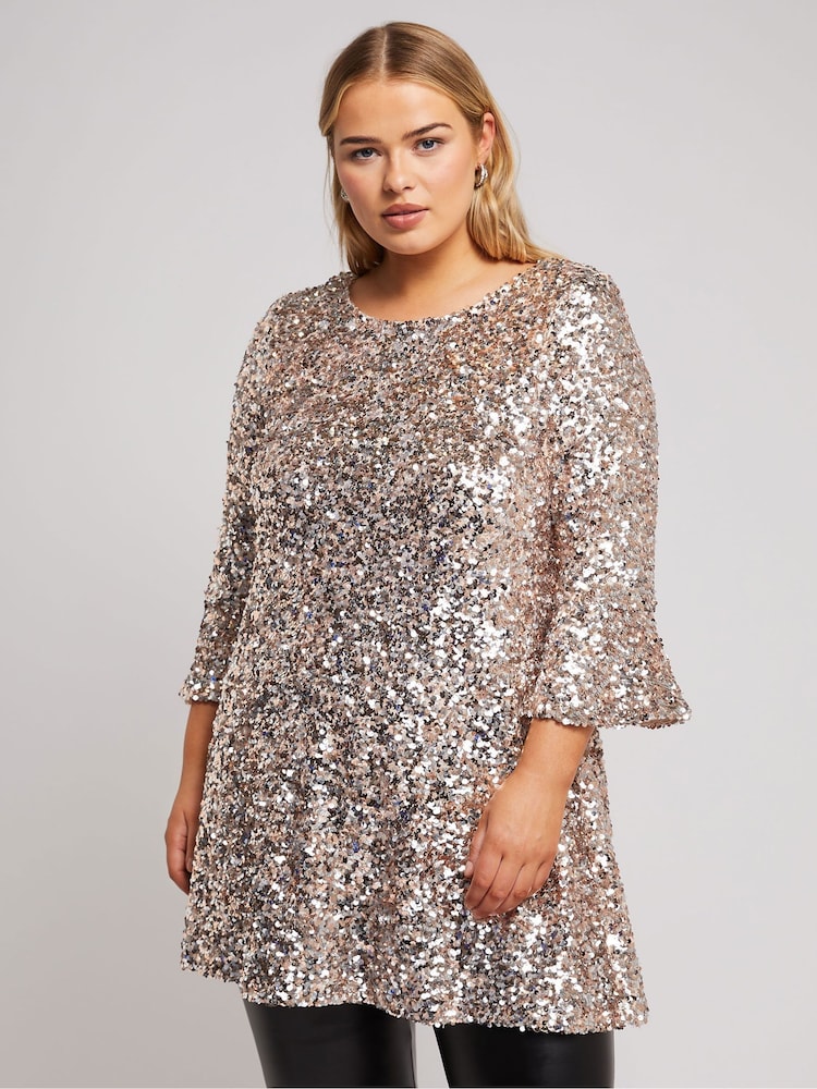 Yours Curve Gold London Sequin Flute Sleeve Top - Image 1 of 5