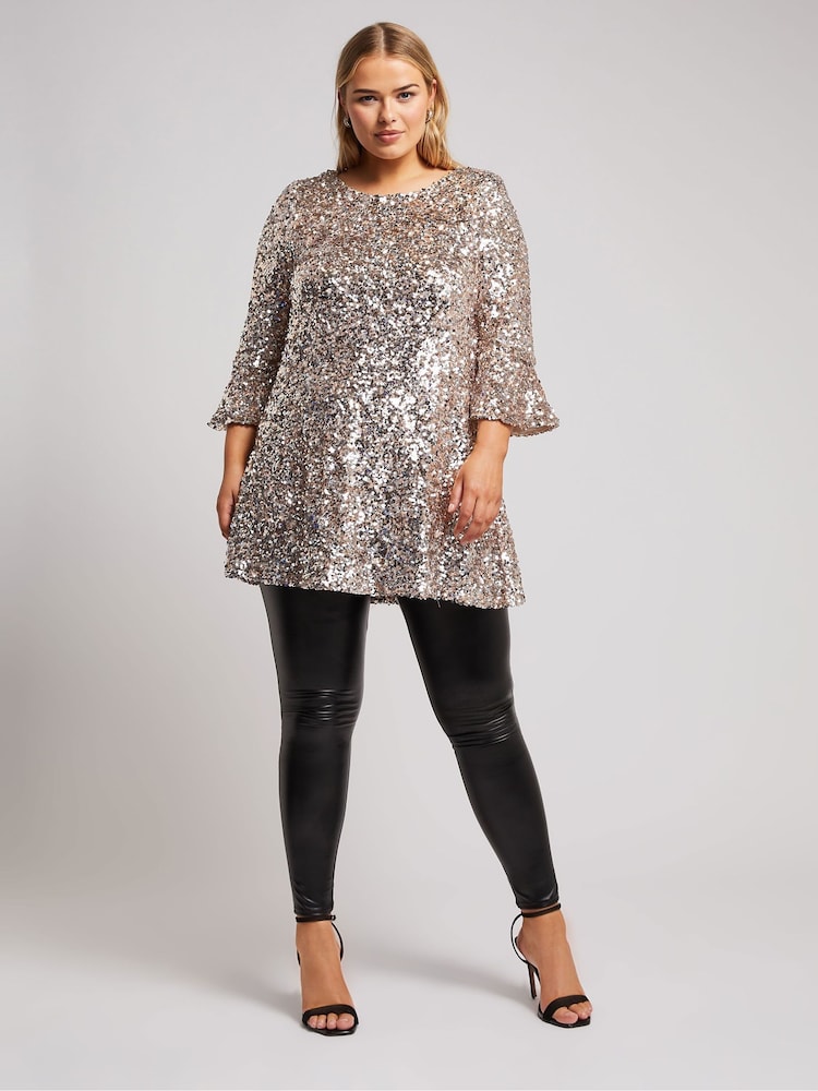 Yours Curve Gold London Sequin Flute Sleeve Top - Image 2 of 5