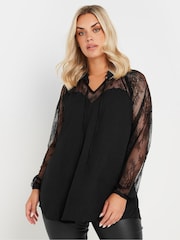 Yours Curve Black Sweetheart Lace Tie Neck Blouse - Image 1 of 5