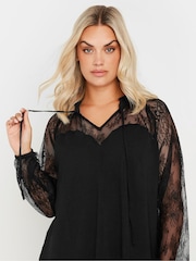 Yours Curve Black Sweetheart Lace Tie Neck Blouse - Image 3 of 5