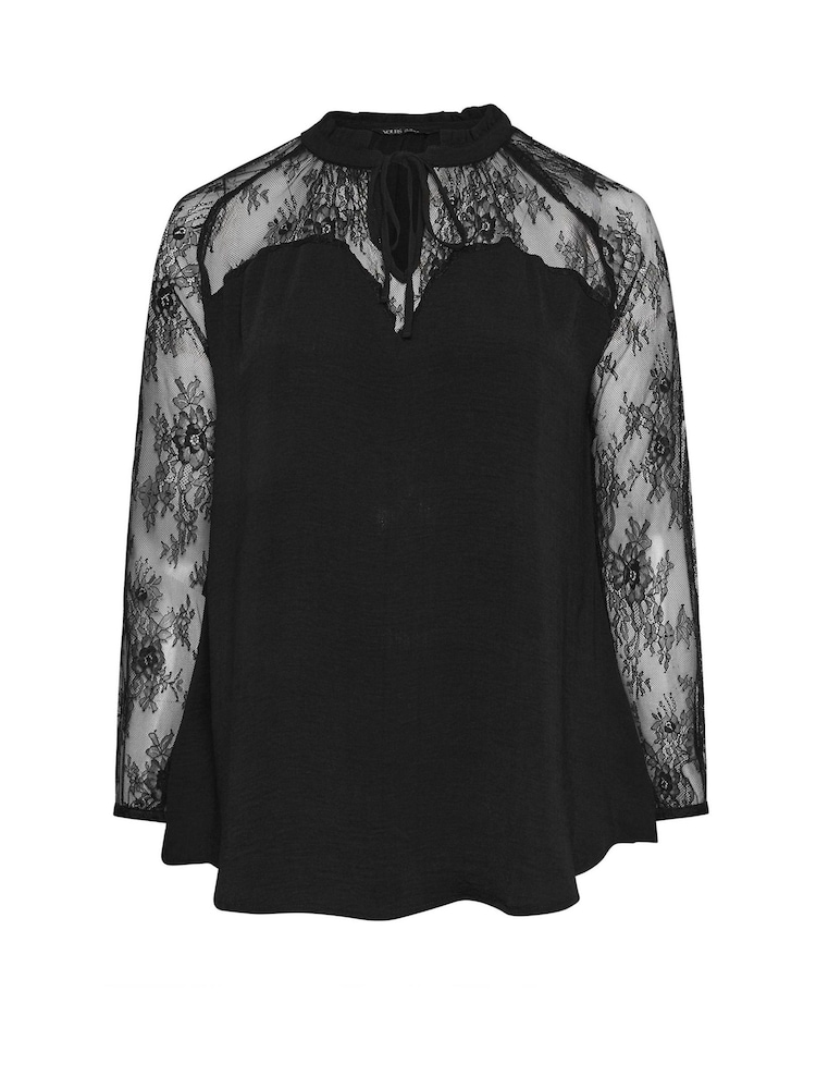 Yours Curve Black Sweetheart Lace Tie Neck Blouse - Image 5 of 5