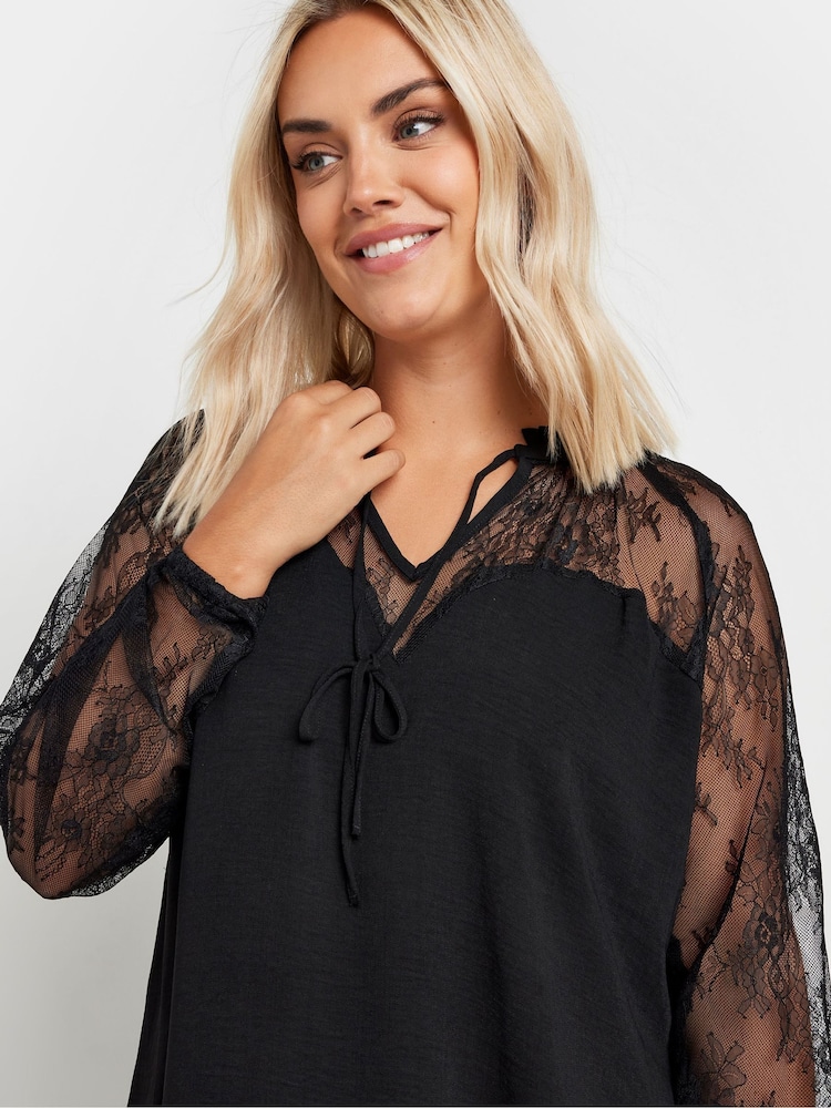Yours Curve Black Sweetheart Lace Tie Neck Blouse - Image 7 of 7