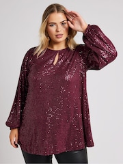 Yours Curve Red London Sequin Keyhole Bellow Sleeve Top - Image 2 of 6