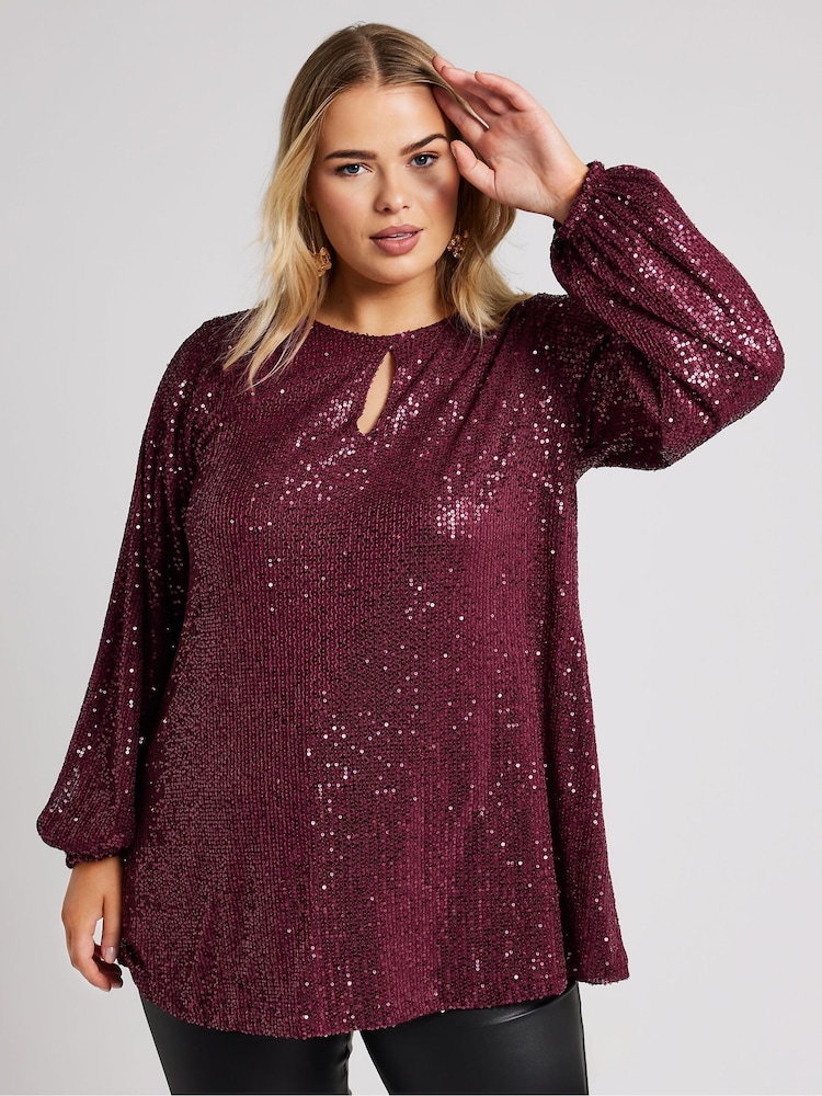 Yours Curve Red London Sequin Keyhole Bellow Sleeve Top - Image 2 of 6